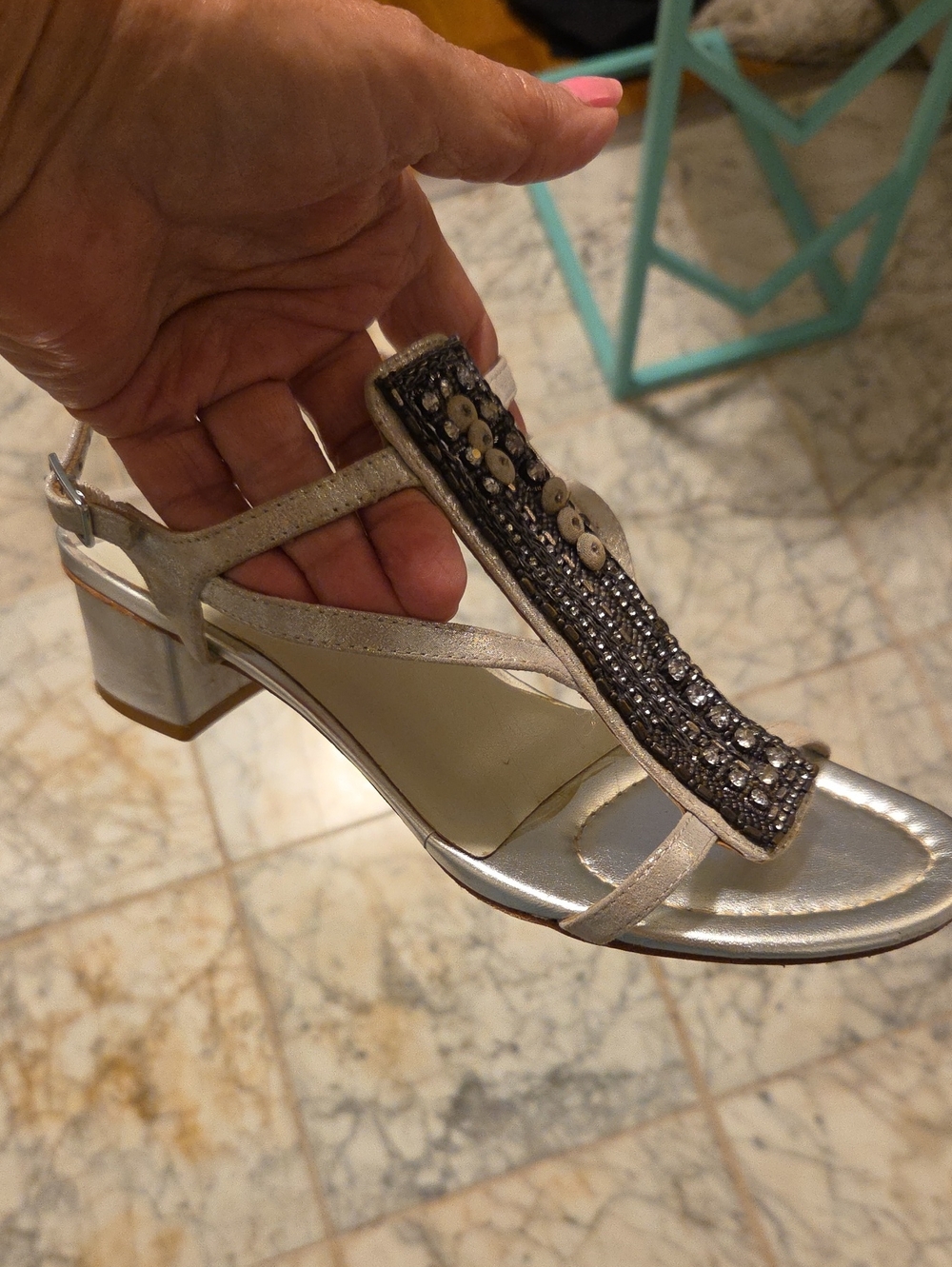 Donald J. Pliner Silver Beaded T-Strap Low Block Heel Sandals